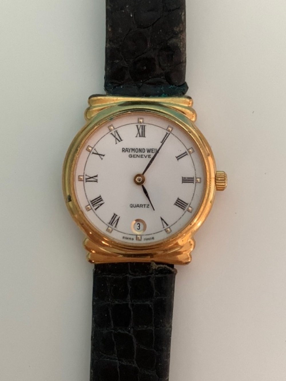 Raymond Weil Gold Case White Dial Black Strap Classic Dress Watch